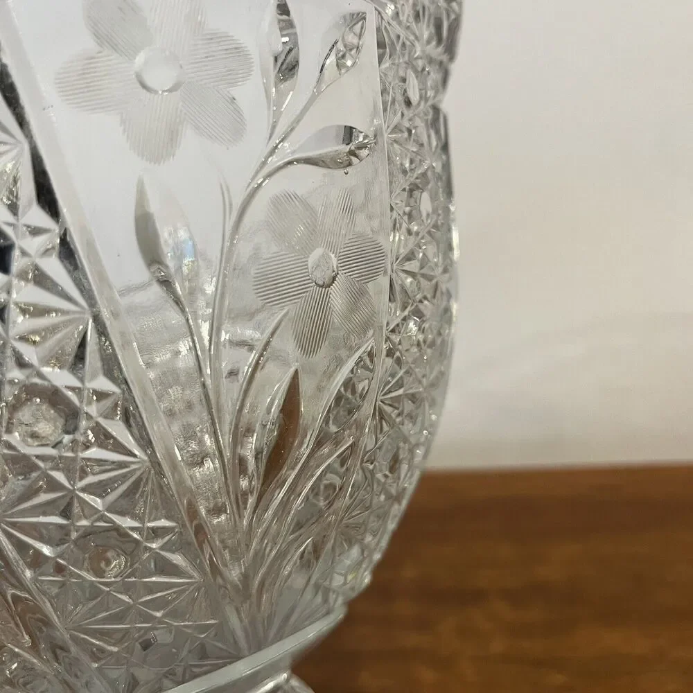 Vintage Compote Punch Bowl Candy Dish w/Frosted Etched Glass Flowers Starburst